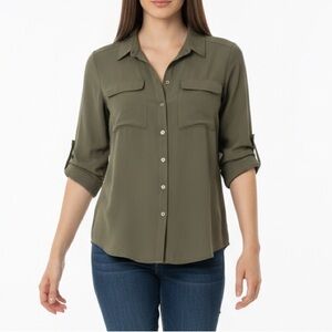 H&M Casual Button-Down Shirt Size 14 US Relaxed Fit Blouse Olive Green